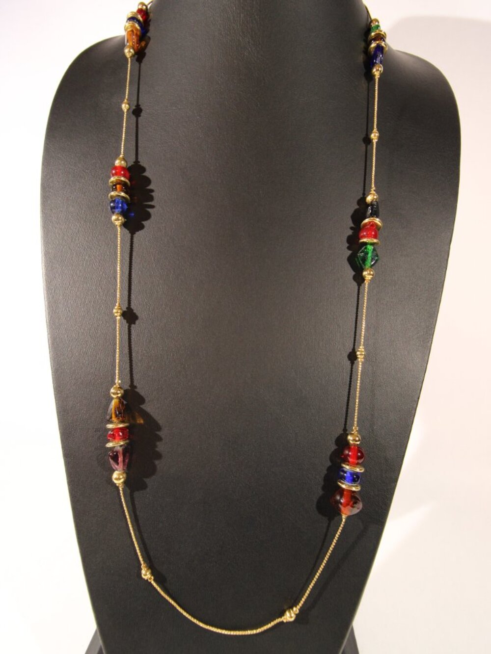 Vintage Anne Klein Gold Tone Necklace with Multi-Color Glass Beads. 36" Long
